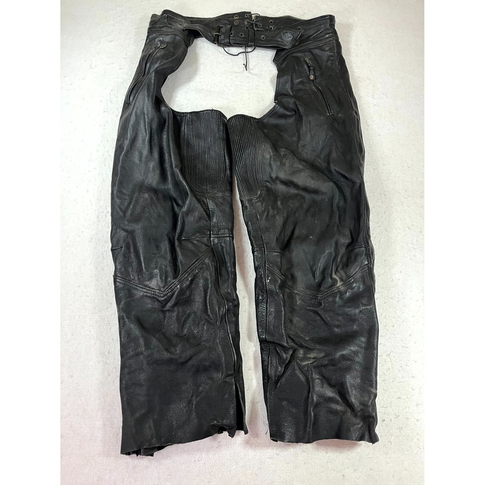 Vintage Unik Ultra Motorcycle Riding Chaps Mens 2XL Black Belted Side Zipper